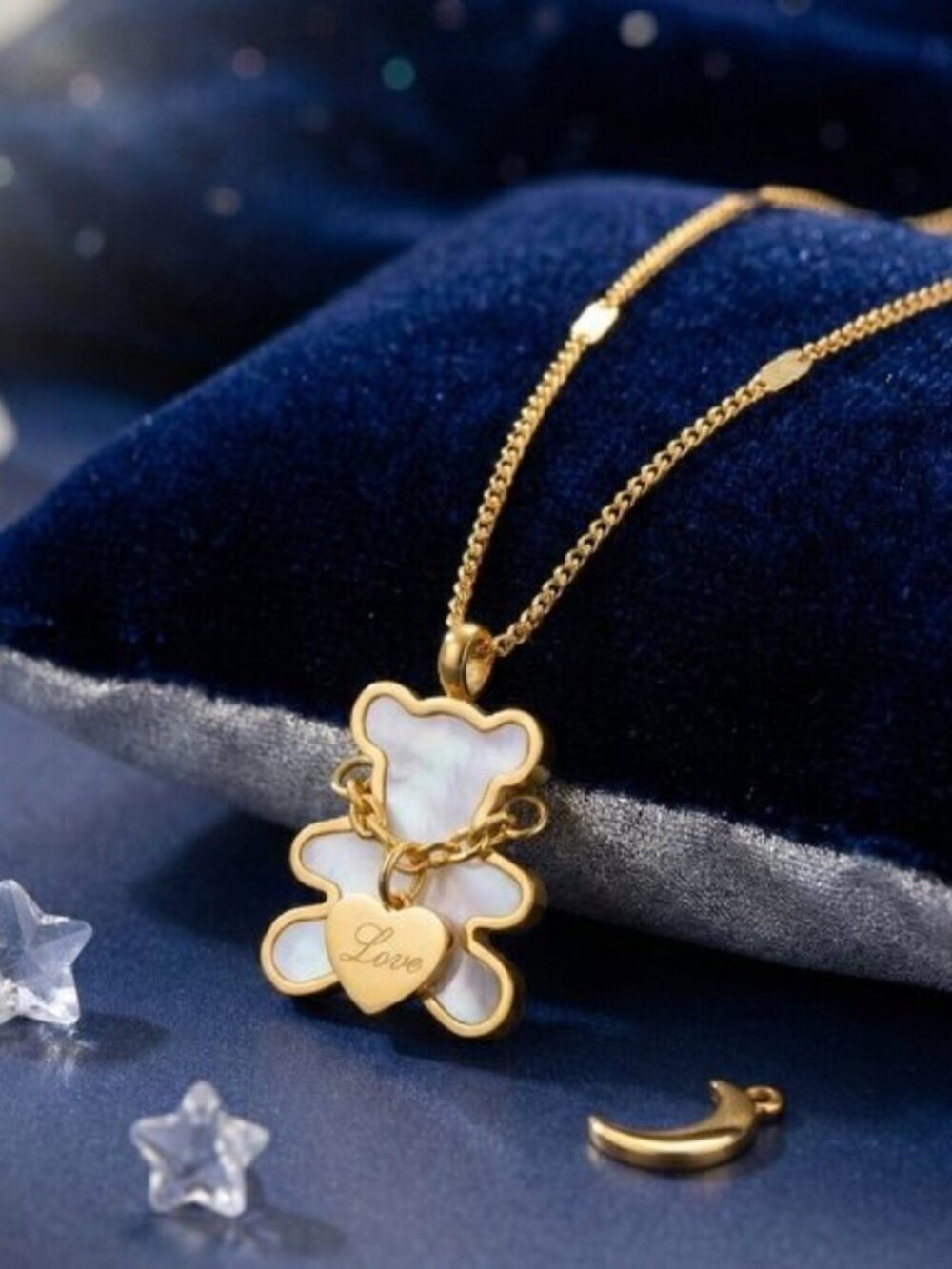 18K Gold Plated SS Shell Teddy Bear Necklace Love Heart Coquette Balletcore 16in - Picture 17 of 17